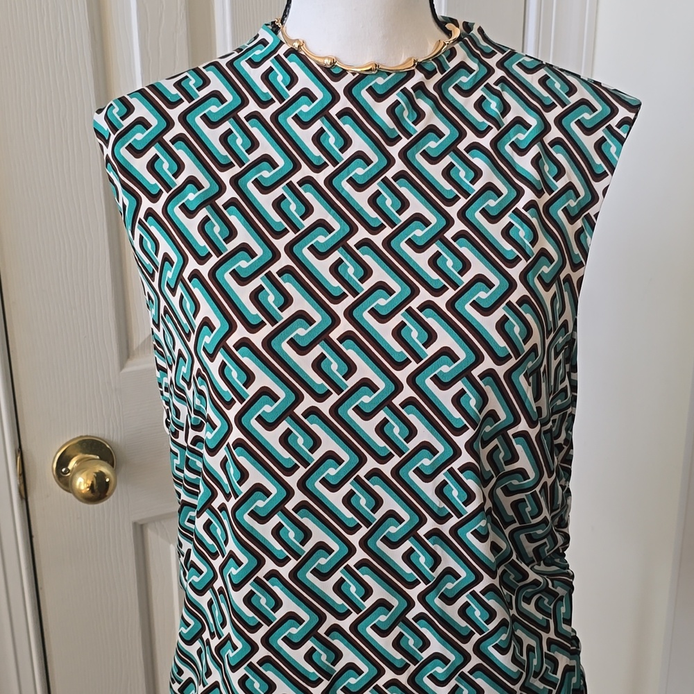 INTEMPO BRAND WOMEN'S SLEEVELESS TEAL GREEN & WHITE SYMMETRICAL TOP SIZE 1X